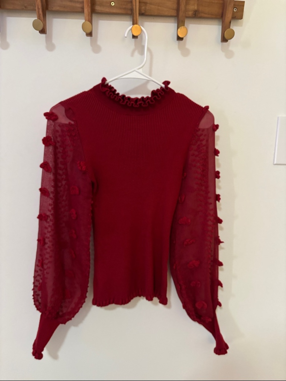 Red Ruffle Mock Neck Sweater Top with Sheer Pom-Pom Sleeves